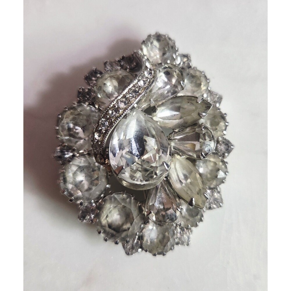 Clear Rhinestones Brooch Vintage Silver Tone 2 In H X 1.5 In W